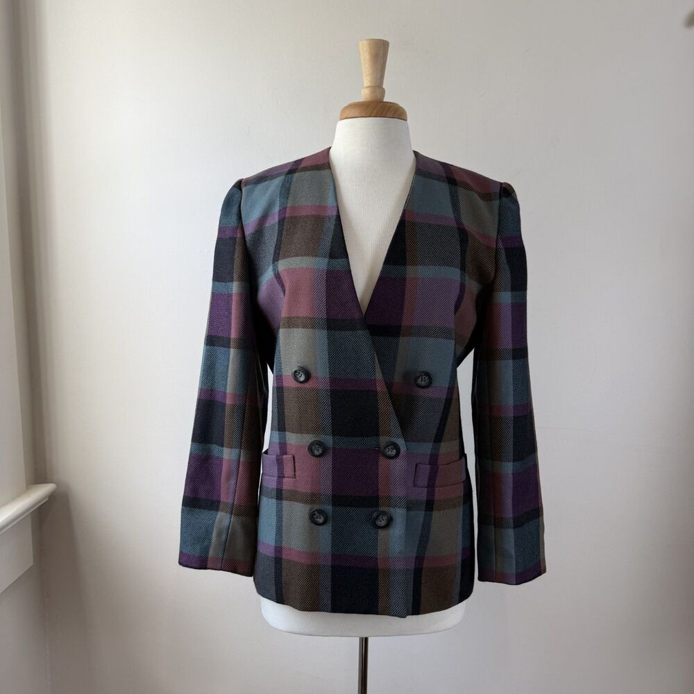 Vintage Double Breasted Plaid Structured Blazer by Kasper
